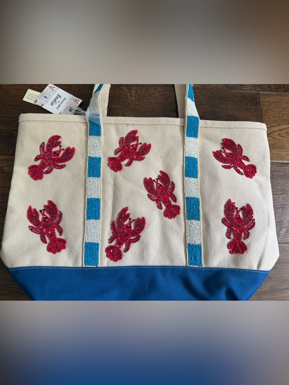Beaded Lobster Canvas Tote Bag Nautical Coastal Beach Summer Purse NWT - Picture 2 of 7